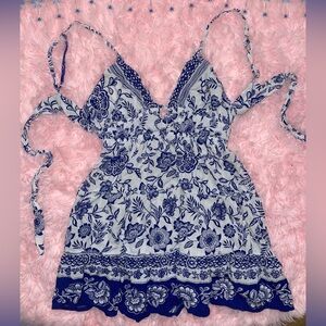 blue + white floral mini babydoll dress
